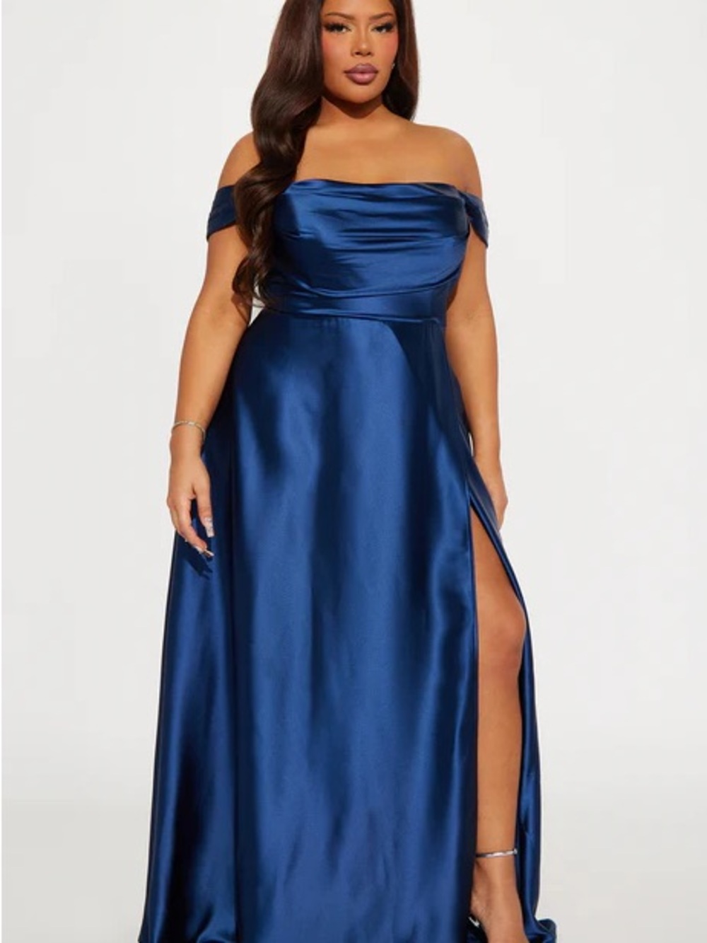 Satin Off-Shoulder Evening Gown in Royal Blue